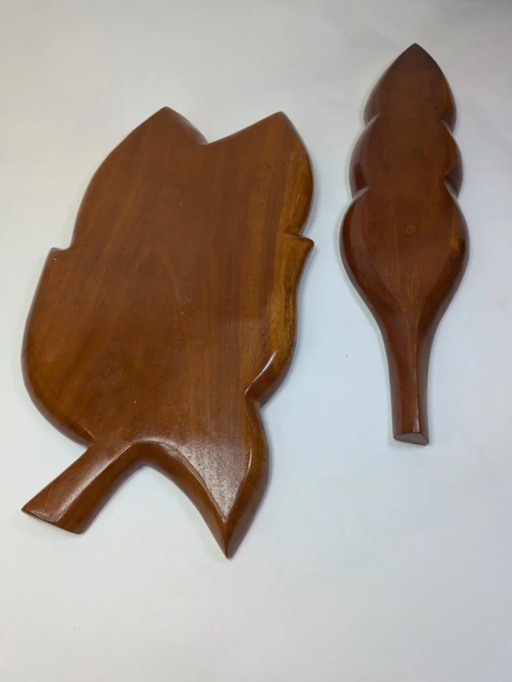 VTG Carved Wood Leaf Tray Set Sectional Platter & Handle Dish Hand Carved 60s